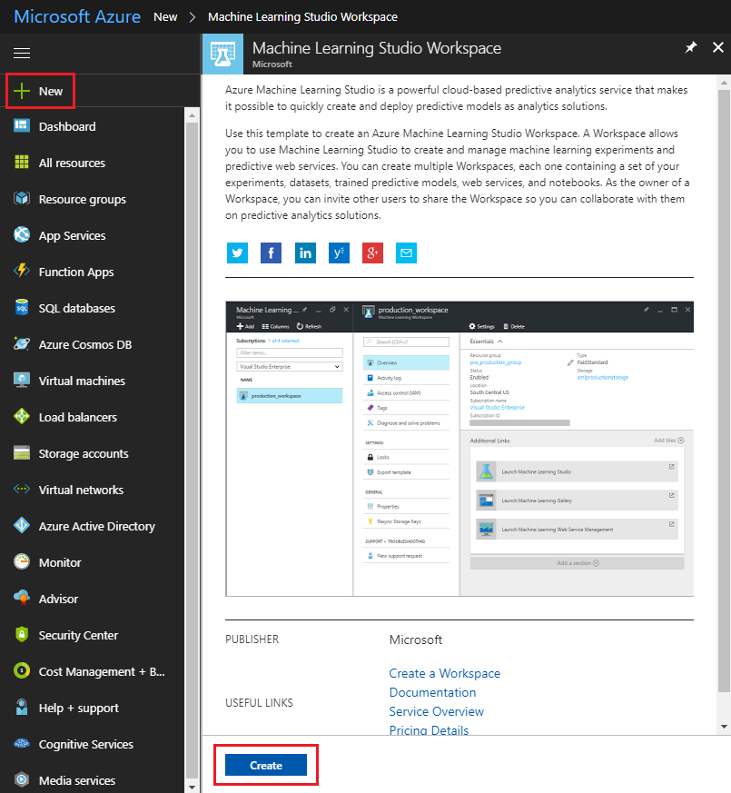 Screenshot of the Microsoft Azure window, which shows the Machine Learning Studio Workspace in the content pane.