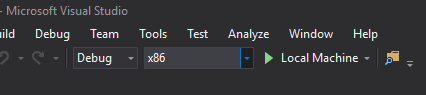Microsoft Visual Studio 功能表的螢幕快照，其中顯示 [解決方案平臺] 中已選取 [本機計算機]。