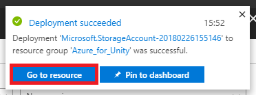 Screenshot that shows the 'Go to resource' button highlighted in the 'Deployment succeeded' window.