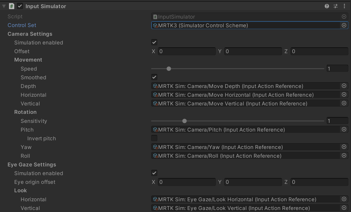 一張顯示 MRTK3 輸入模擬器元件的 Unity 檢查器圖片。」