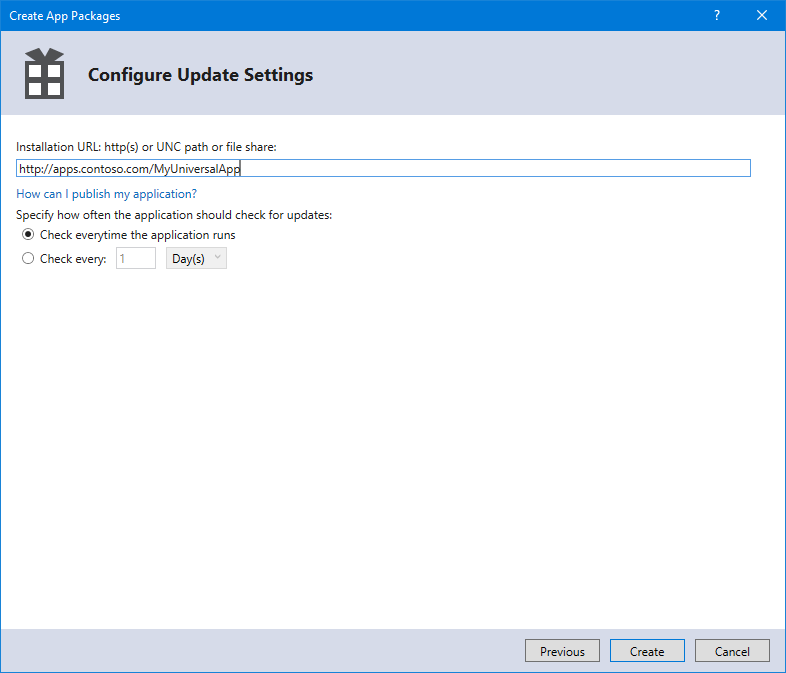 Configure Update Settings window with publish location configuration