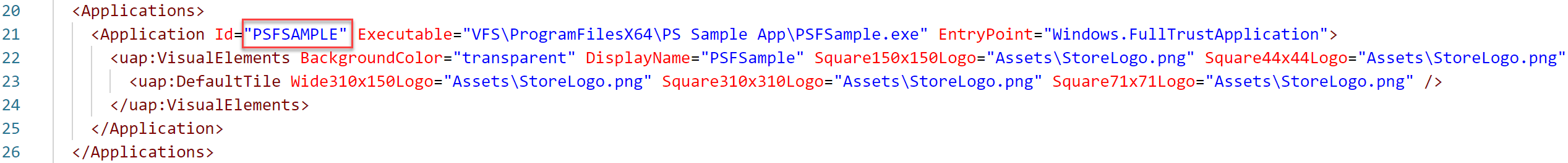 顯示 AppxManifest 檔案中識別碼位置的影像。