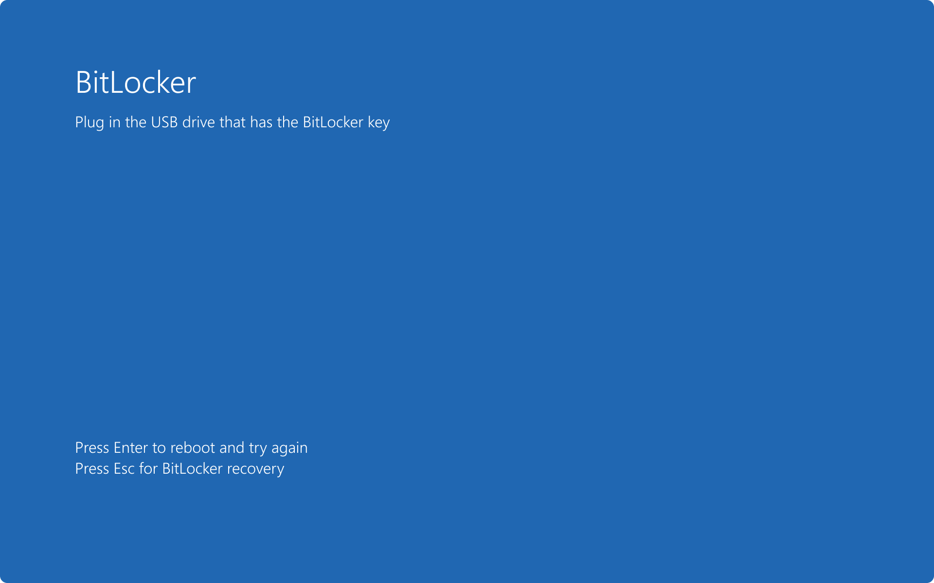 BitLocker 預先啟動畫面的螢幕快照，其中要求包含啟動密鑰的 USB 磁碟驅動器。