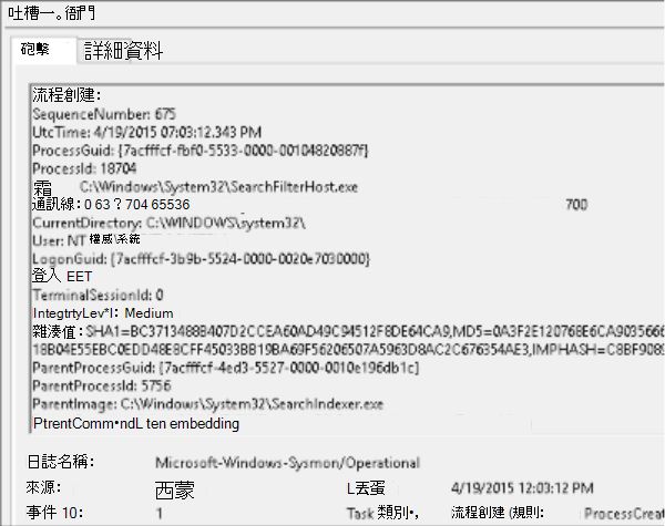 說明事件檢視器中捕捉的 Sysmon 事件。