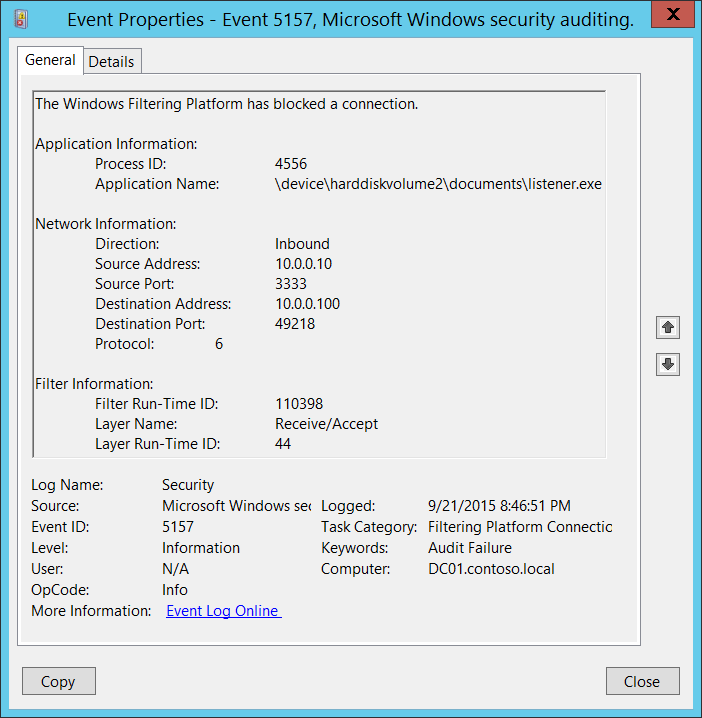 5157 (F) Windows 篩選平台已封鎖連線。 (Windows 10) - Windows 