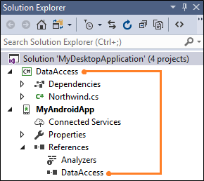 Screenshot of the Solution Explorer pane that calls out the reference to the Class library reference for the Android, i O S, or cross-platform project.