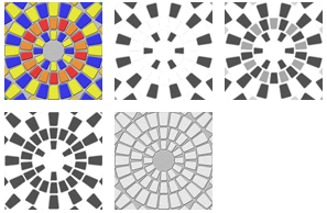 Illustration showing five versions of one image: first in color, then in four different patterns of greyscale