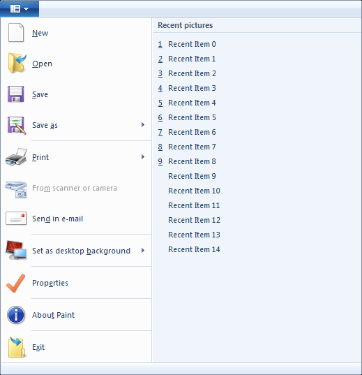 應用程式功能表的螢幕擷取畫面，以及 Windows 7 功能區繪製的最近專案清單。