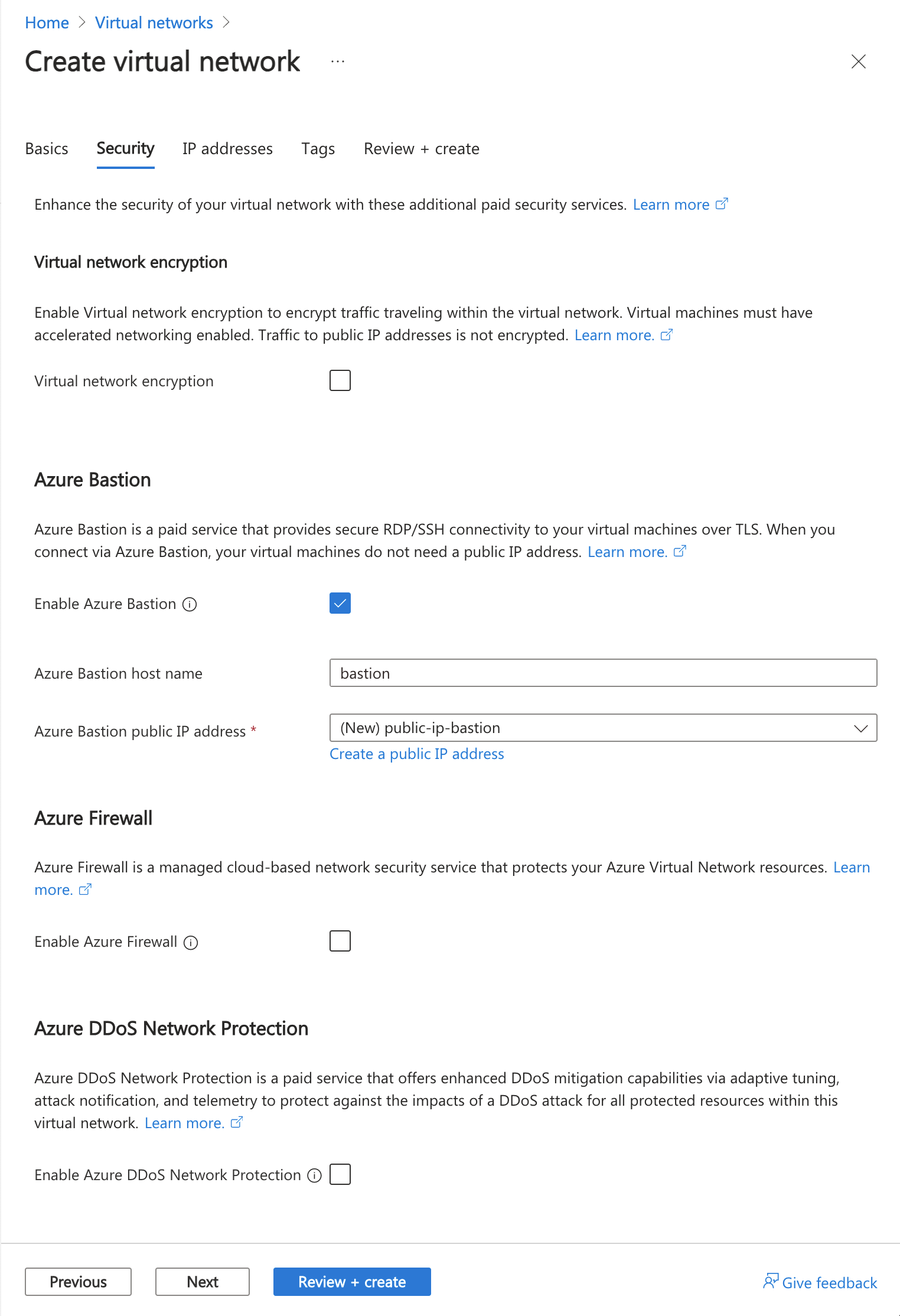 Screenshot of options for enabling an Azure Bastion host as part of creating a virtual network in the Azure portal.