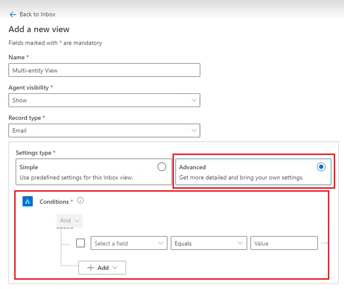 Advanced setting option on the Add a new view page for inbox.