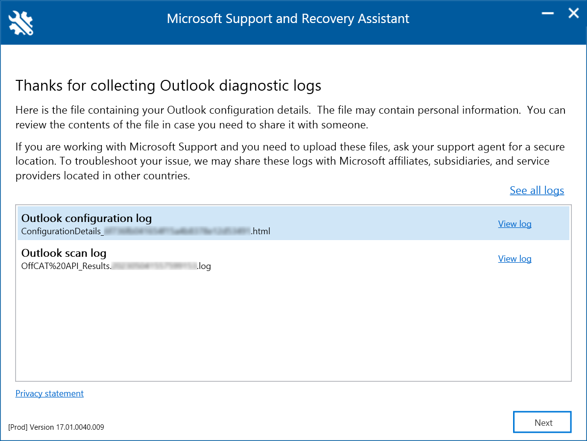 Screenshot of the Outlook diagnostic logs