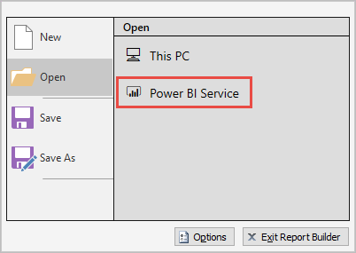 Screenshot showing Open from the Power BI service.