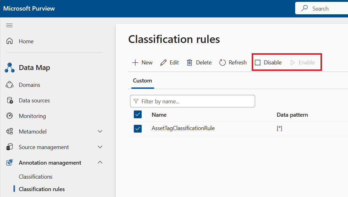 Screenshot of the custom classification rule page, showing a classification rule selected and the enable and disable buttons highlighted.