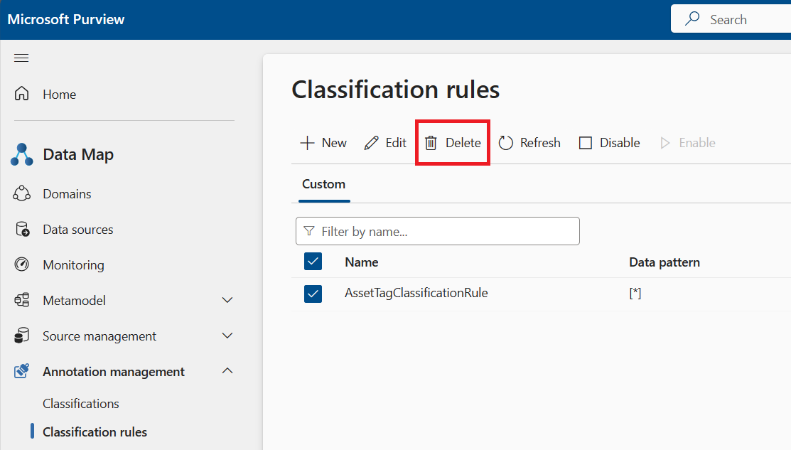 Screenshot of the custom classification rule page, showing a classification rule selected and the delete button highlighted.