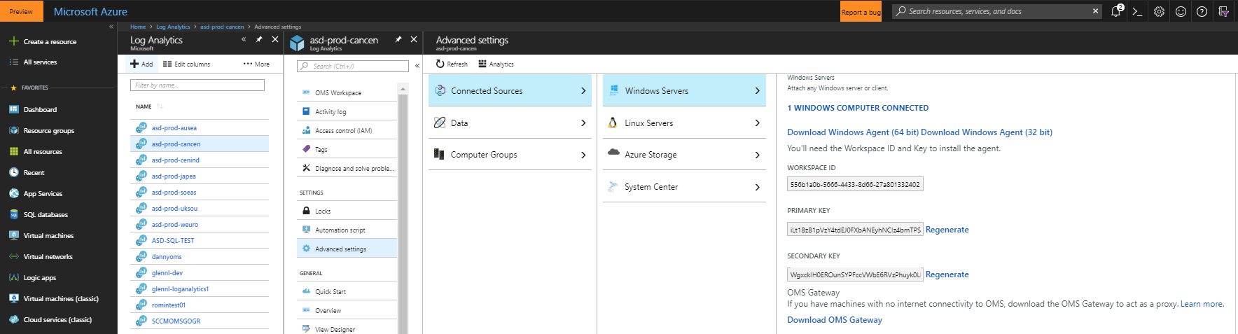 The Microsoft Azure window, which is showing the Connected Sources and Windows Servers menu items are selected.