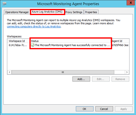 The Microsoft Monitoring Agent Properties window, which shows the highlighted Azure Log Analytics tab and the successful connection.