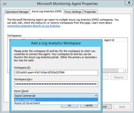 The Add a Log Analytics Workspace showing the Azure Commercial item is selected from the Azure Cloud dropdown menu.