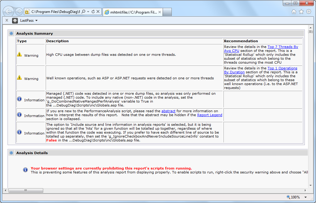 Screenshot that shows Internet Explorer. The Debug Diag analysis report page is displayed.