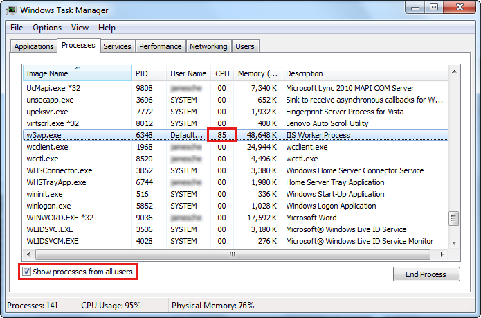 Screenshot shows Windows Task Manager. Under the C P U column, 85 is highlighted on the w 3 w p executable row. Show processes from all users is selected.